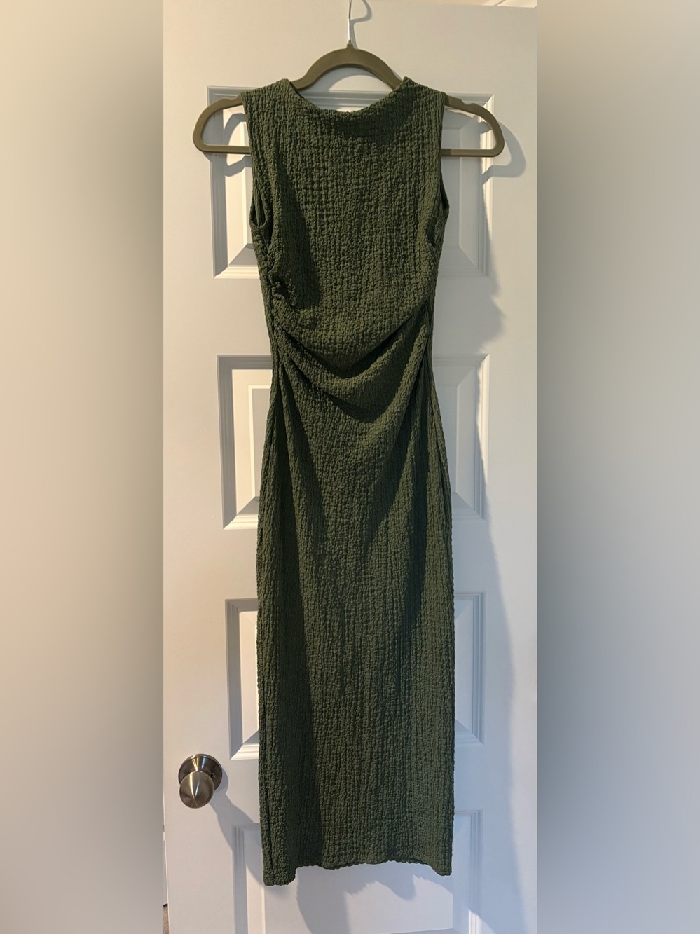 See You Monday Olive Green Textured Sleeveless Midi Dress